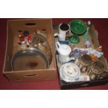 Two boxes of miscellaneous items to include a pair of Wedgwood style brown jasper ware water jugs, a