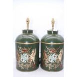 A pair of modern Toleware type table lamps with heraldic decoration, height 43cm