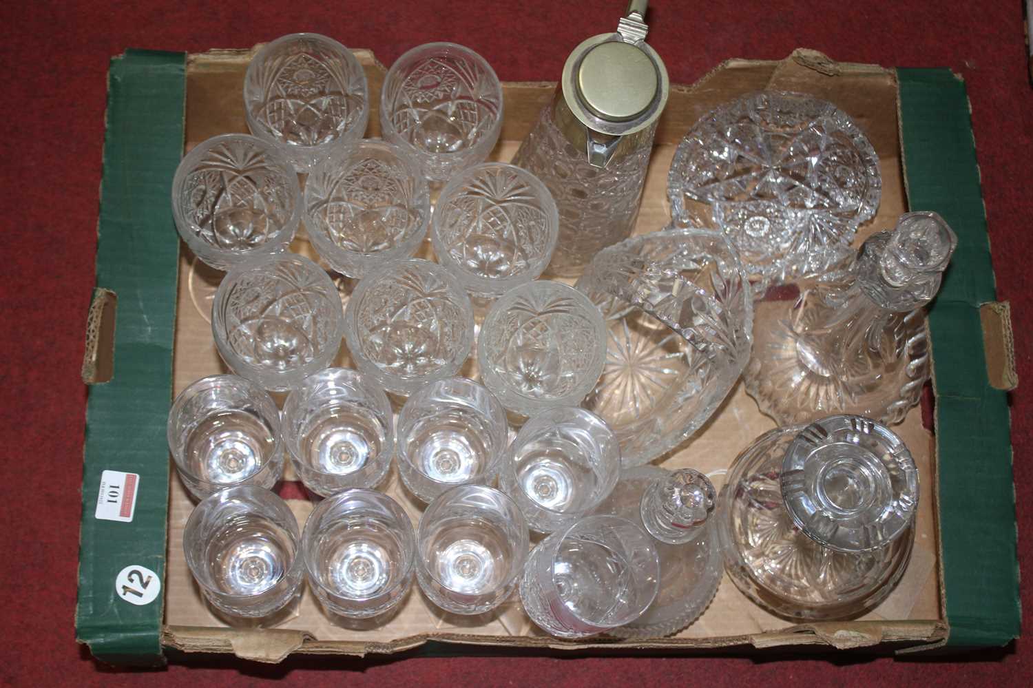 A box of miscellaneous glass ware to include wine hocks, decanter and stopper, claret jug, etc
