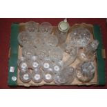 A box of miscellaneous glass ware to include wine hocks, decanter and stopper, claret jug, etc