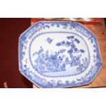 A Chinese export blue & white meat dish, under glaze decorated with birds and foliage, width
