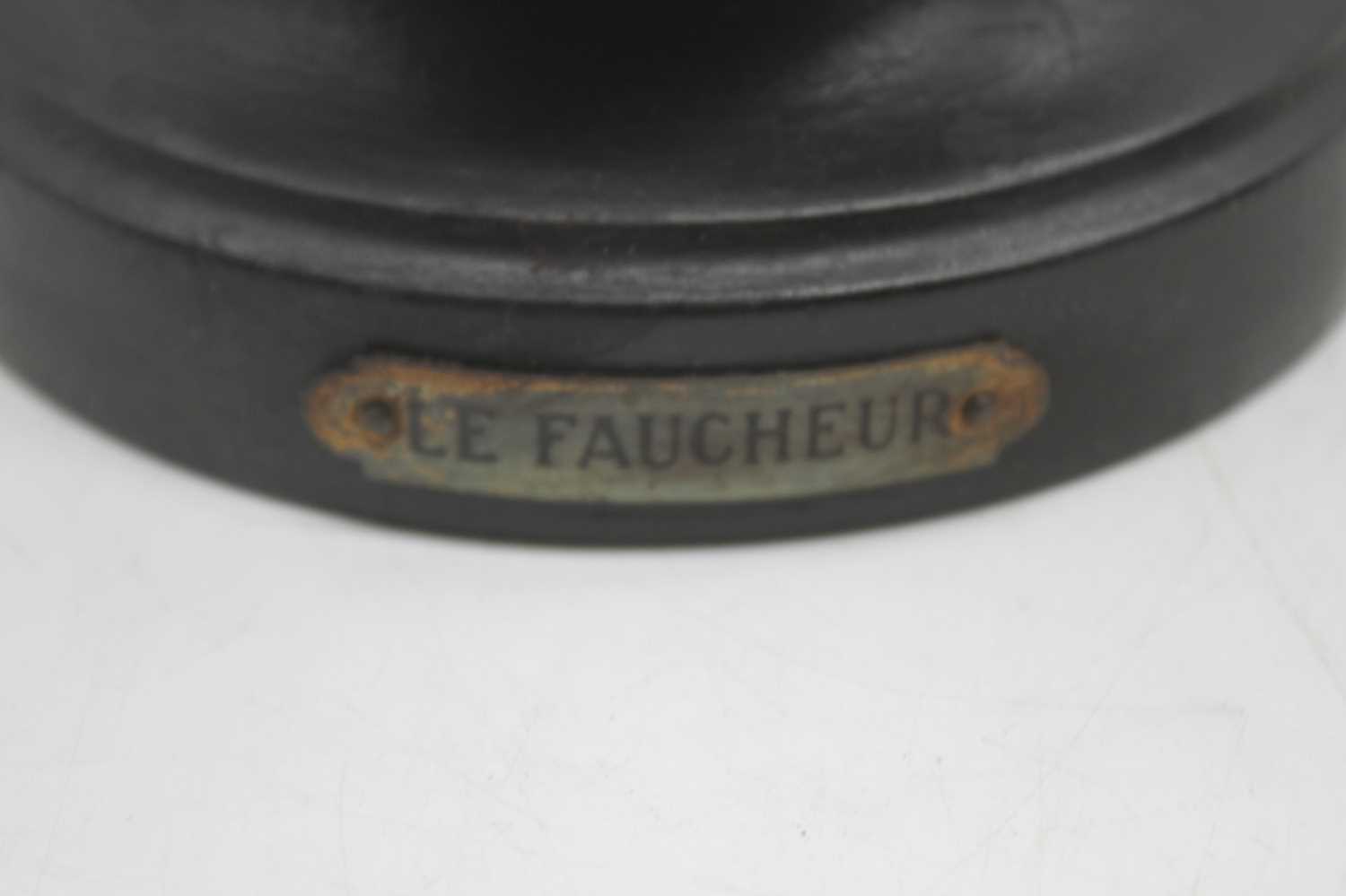 A pair of early 20th century spelter figures, each on wooden socle base entitled Le Faucheur and - Image 3 of 4