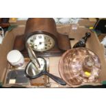 Mixed lot to include an oak dome topped mantel clock, commemorative beaker, Staffordshire cow