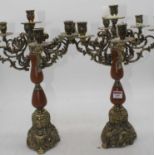 A pair of reproduction beech and brass mounted six sconce table candelabra, height 46cm