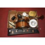 A box of miscellaneous items to include mid 20th century silver plated twin handled trophy cup,