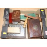 Treenware to include various boxes, small music box, pestle, brass mounted cribbage board etc