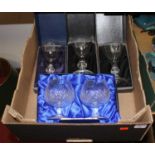 Three Elizabeth II 1977 Jubilee glass goblets, each boxed, together with a pair of Royal Scot