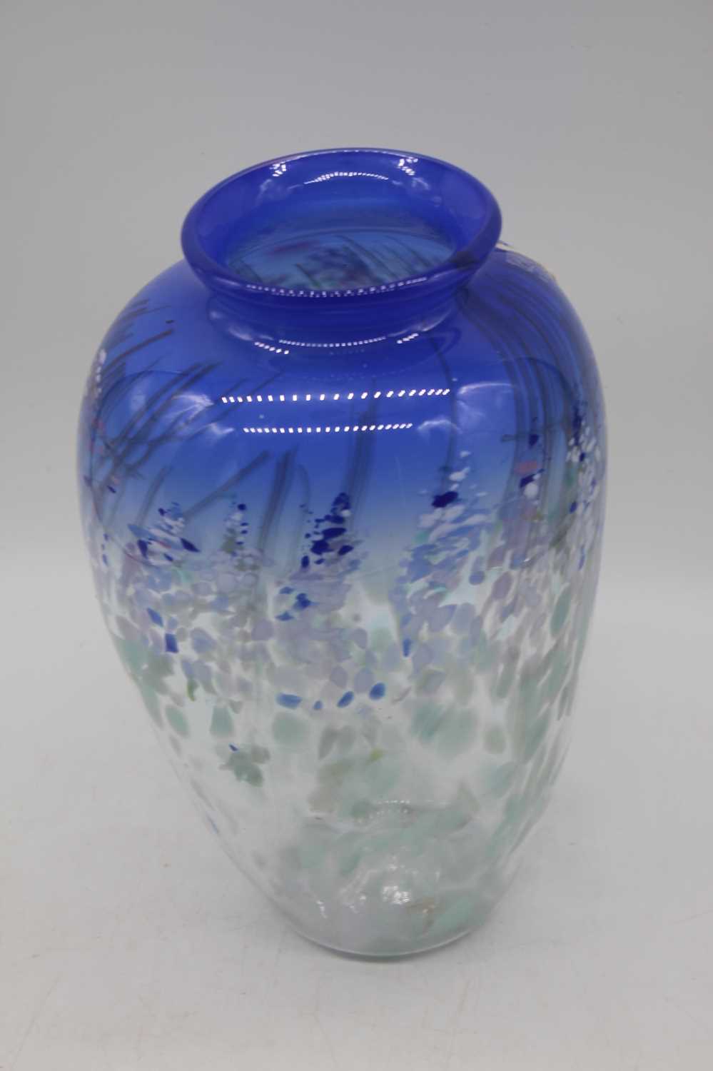 A large vintage studio glass blue tinted art glass vase by signed William Walker of baluster form, - Image 2 of 5