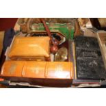 Mixed lot to include trays, gavel, mantel clock, moulding plane etc