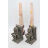 A pair of pink and rouge marble obelisks, h.51cm, together with a pair of bookends, each