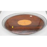 An Elkington & Co walnut and satinwood inlaid oval tray, having silver plated pierced gallery, w.