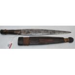 A North African dagger, having a 28cm flattened leaf shaped edged blade, with hide bound handle,