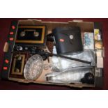 Mixed lot to include money-tins, decanter, cased binoculars etc