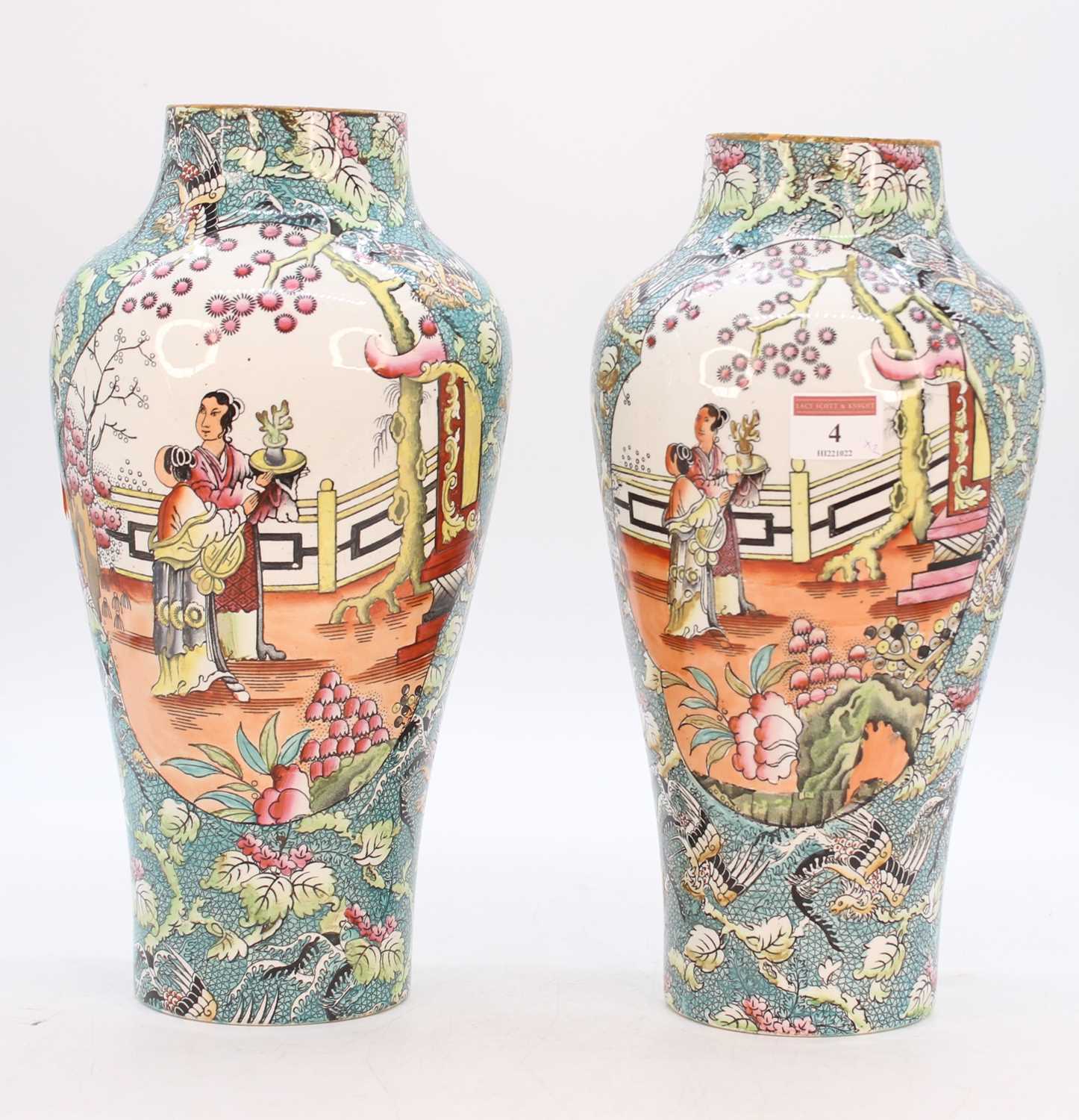 A pair of Masons " Boy at the door" Patent Ironstone Japan pattern vases, h.31cmNo apparent chips,