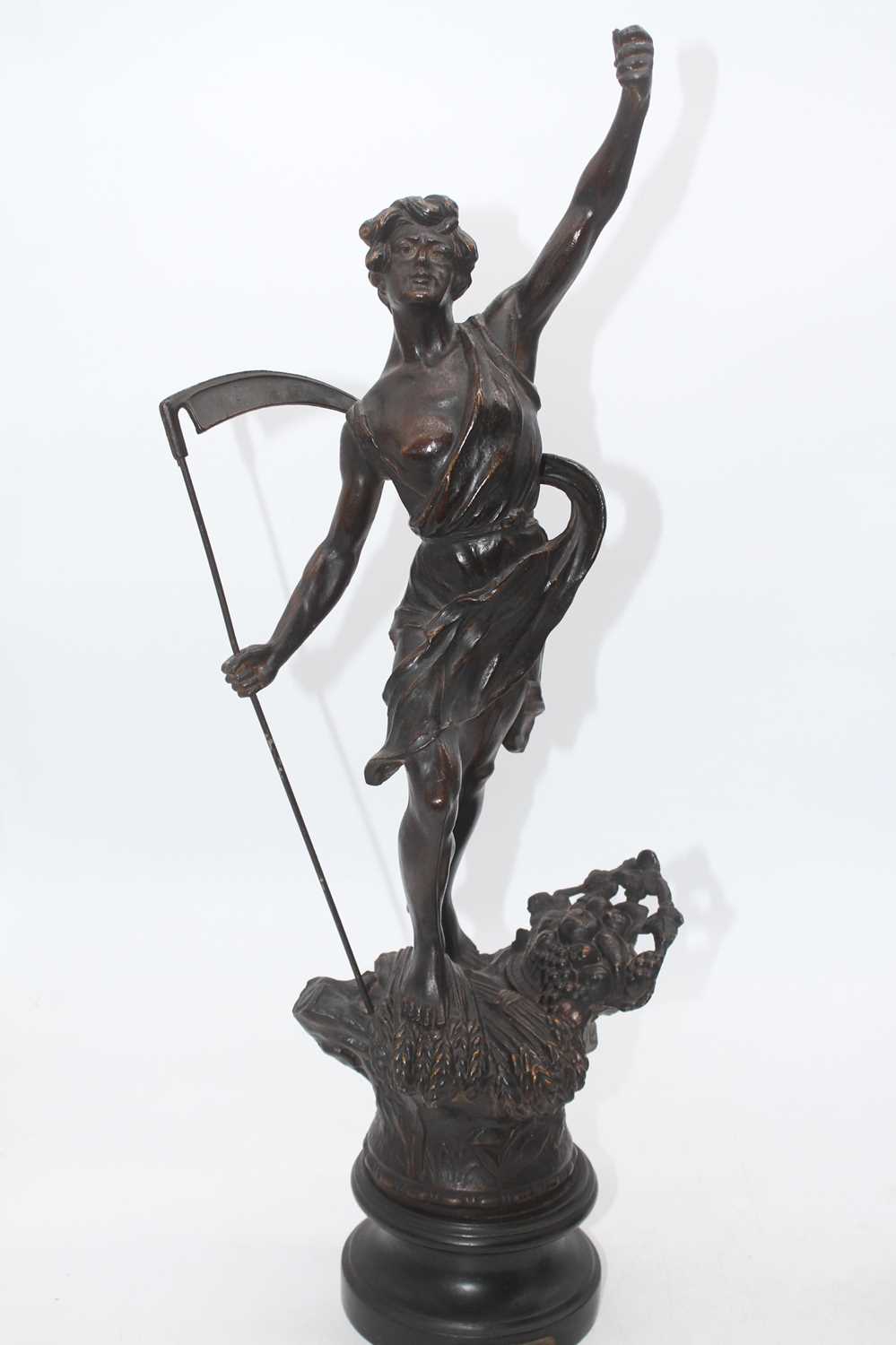 A pair of early 20th century spelter figures, each on wooden socle base entitled Le Faucheur and - Image 2 of 4