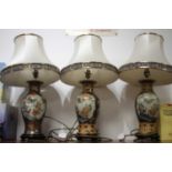 A set of three Japanese style table lamps, of baluster form, with silk shades, height 62cm