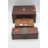 A Victorian rosewood and brass mounted glove box, together with a Victorian rosewood workbox, and