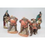 A collection of five Royal Doulton figures to include Falstaff x2, The Pied Piper, The Foaming