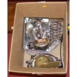 A box of assorted plated wares, loose flatware etc