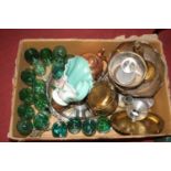 A box of miscellaneous items to include silver plated punch bowl, green tinted glass ware etc