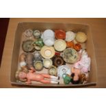 Assorted miniature pottery wares, china ornaments, miniature celluloid dolls etc