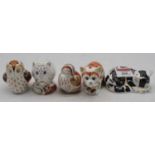 Five various Royal Crown Derby desk ornaments in the form of a animals, to include an owl