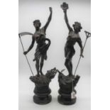 A pair of early 20th century spelter figures, each on wooden socle base entitled Le Faucheur and