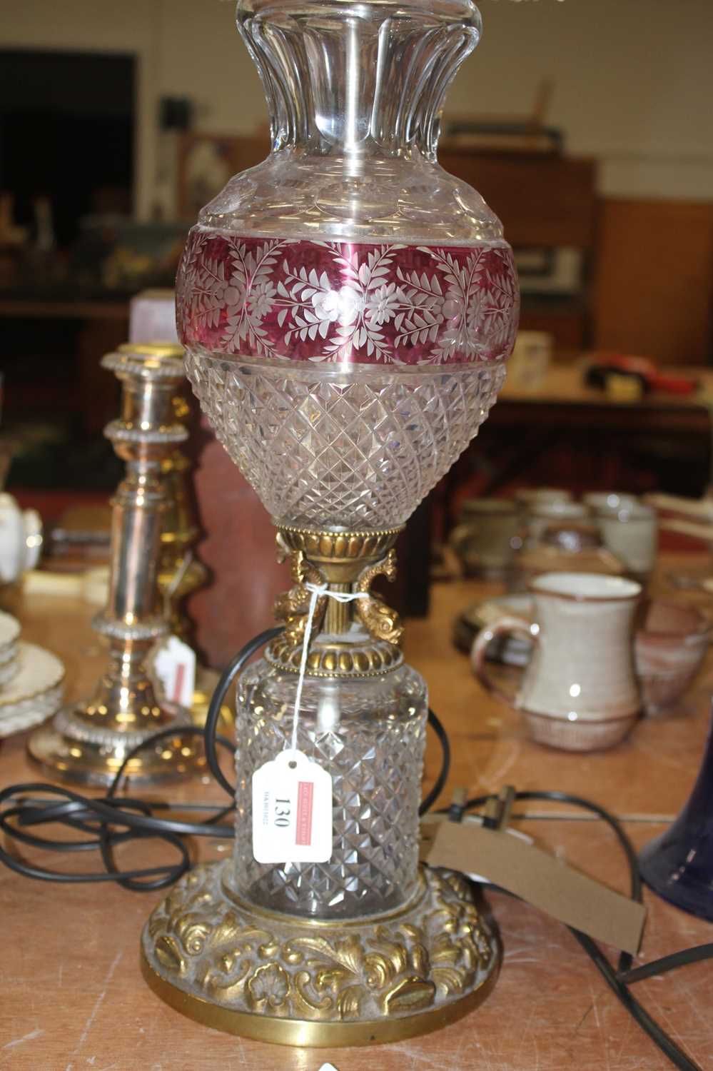 A 20th century cut crystal and gilt metal table lamp, of baluster form, the pleated shade above a - Image 3 of 5