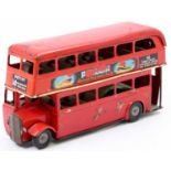 A Triang Minic tinplate and push and go double decker bus comprising red body with Penguin Model