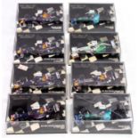 Minichamps 1/43 Formula 1 group of 8 examples to include David Coulthard Red Bull Racing RB1, 2,