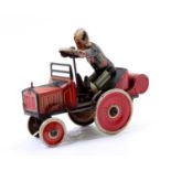 Louis Marx 1930s tinplate and clockwork Coo-Coo Car, comprising red and black body with driver