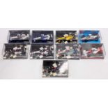 Nine various plastic cased Minichamps 1/43 scale F1 related diecast to include an Eddie Irvine