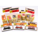 Two trays containing a collection of Piko N gauge locomotives and passenger stock to include