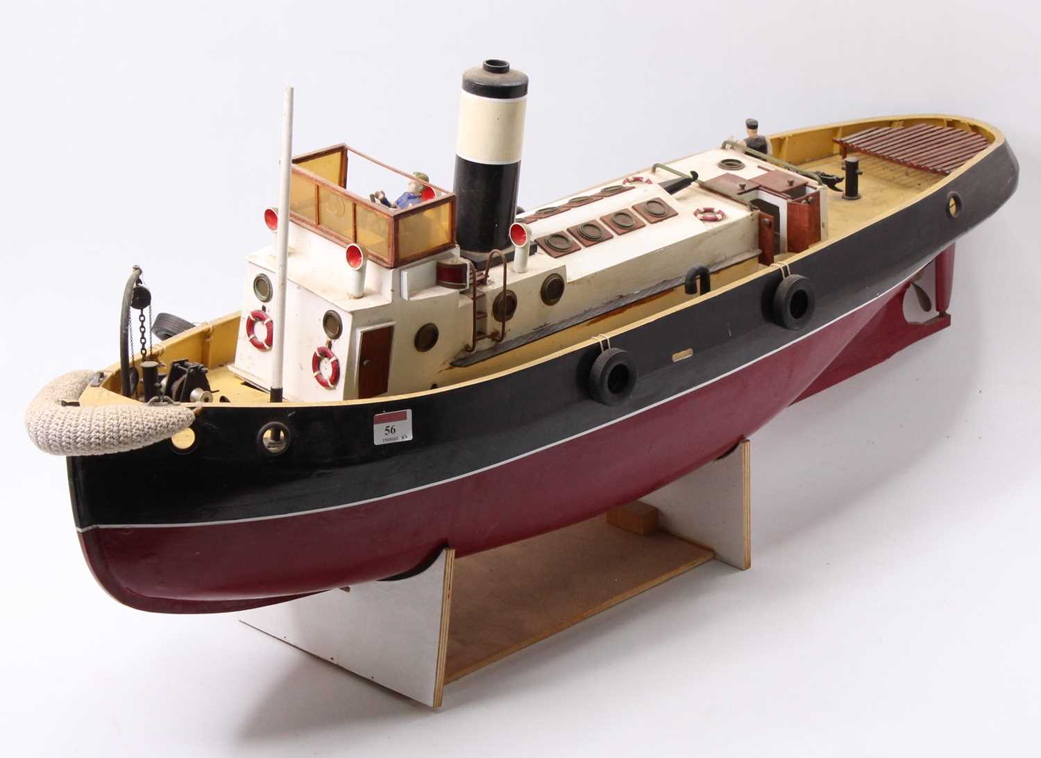 A wooden kit built model of a radio controlled tug boat, hand painted in maroon and black with - Image 2 of 6