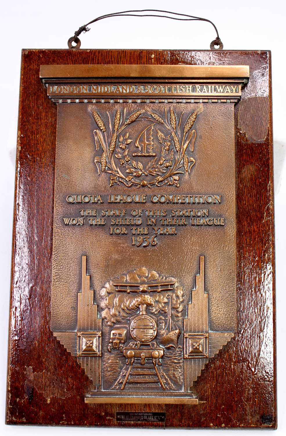 An original London Midland and Scottish Railway bronze quota league competition shield for the