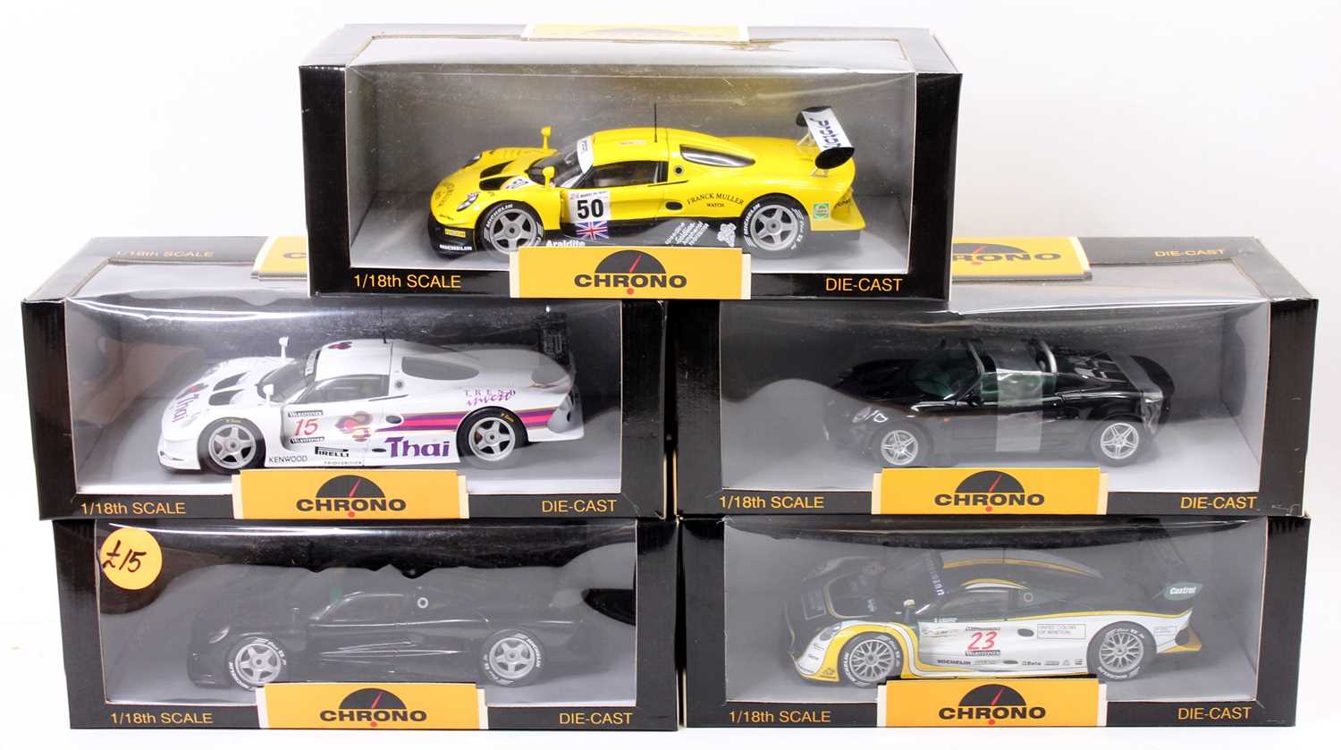 5 various boxed Chrono 1/18th scale diecast vehicles, to include H1071 Lotus Elise GT1 Benneton A.