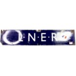 An original LNER adveritsing strip enamel sign, white on blue enamel to read LNER, length 71cm