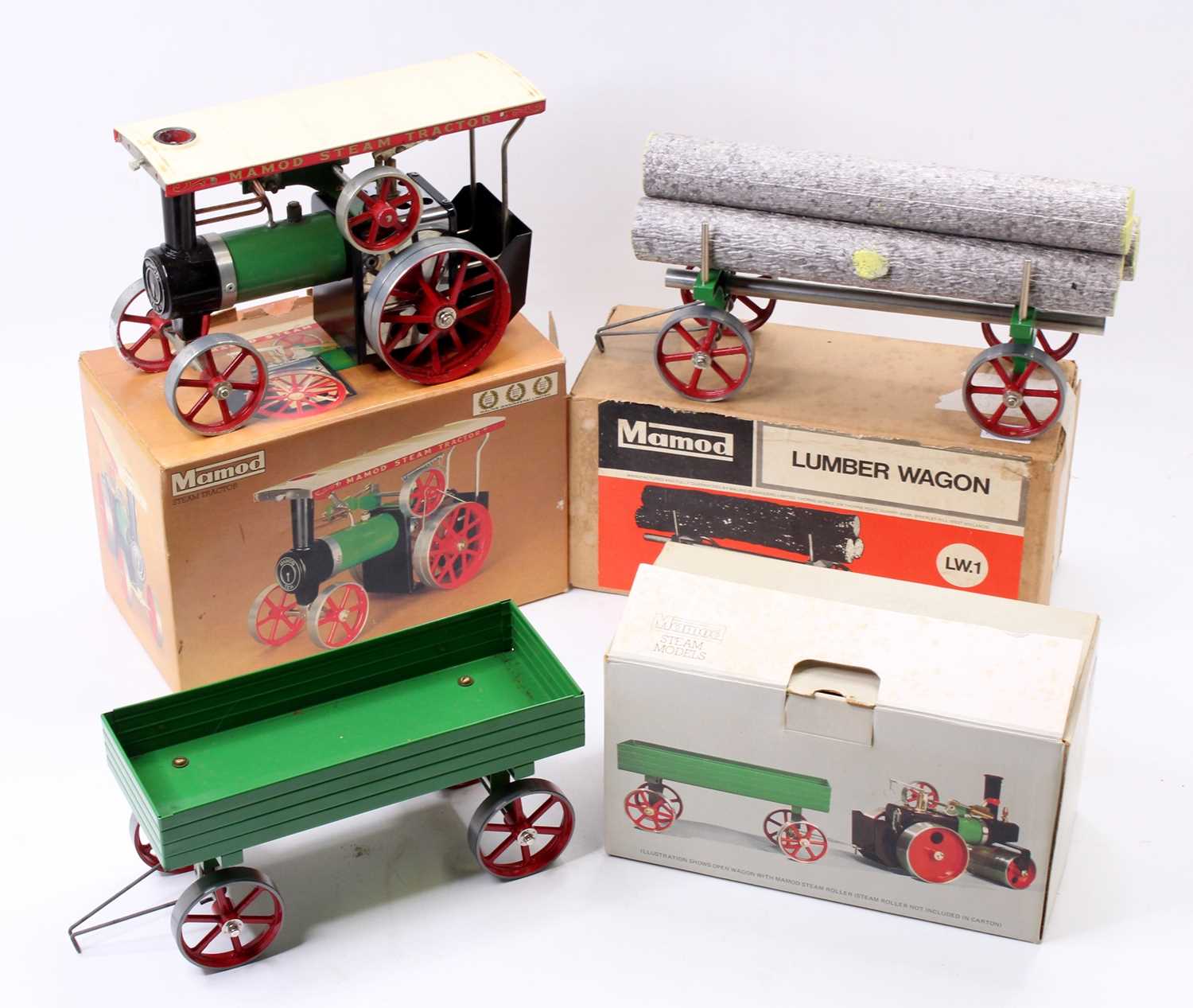 Mamod Steam Engine and Accessory group, 3 boxed examples to include Mamod Steam Tractor, Lumber