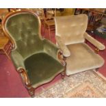 A mid-Victorian mahogany framed spoonback gentleman's armchair, having green buttoned dralon