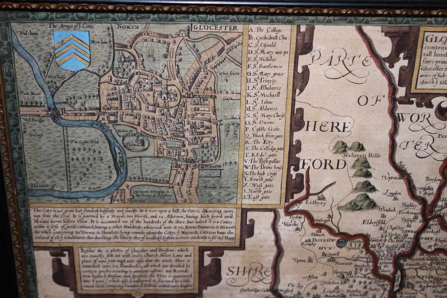 John Speed - county map of Gloucestershire, engraved and hand coloured, and within inset town - Image 9 of 9