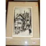 Frank Greenwood - Old houses close to Manchester Cathedral, etching, signed in pencil to the margin,
