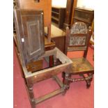 An 18th century oak carved panelled back and seat single hall chair; together with a 19th century
