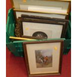A box of assorted pictures and prints, to include contemporary acrylic on canvas