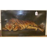 W J Stainer - recumbent tiger, oil on canvas (a/f), signed and dated 1895 lower left, 36 x 61cm,