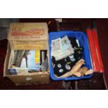 Two boxes of mixed plastic kits, tinplate toys, dolls, spare parts, collectable badges, etc