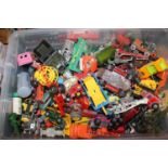A large plastic tub containing a collection of mixed playworn diecast to include Dinky Toys, Corgi