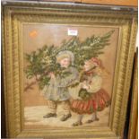 A circa 1900 woolwork depicting children at Christmas, 37 x 32cm