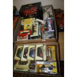 Two boxes of mixed modern issue diecast to include Bburago, Corgi, Lledo Days Gone, and others