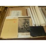 A folio containing various prints, watercolour sketches, postmarks on mounted envelopes, silk