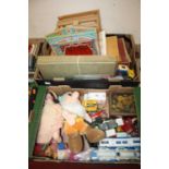 Two boxes containing a collection of mixed children's toys and diecasts to include a wooden